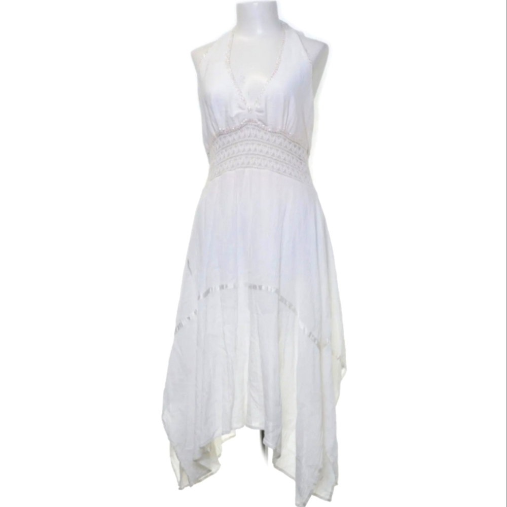 Double Decker Sequin White Flowy Halter Dress Size L/XL: Glamorous Elegance